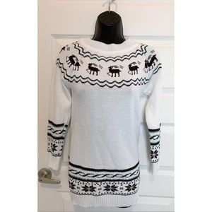 Deer Fair Isle Winter Pullover Knit Long Tunic Sweater Cream